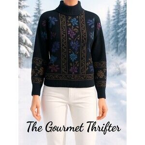 Vintage Dana Scott Black Floral Knit Sweater Women’s M Cottagecore Pullover